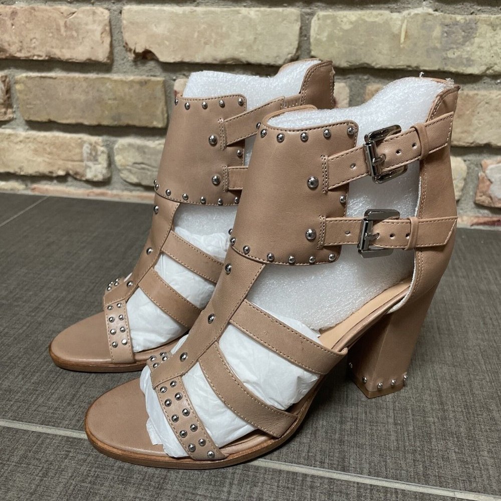 belle by sigerson morrison High Heel Tan Studded Leather Cage Sandals Nib 8
